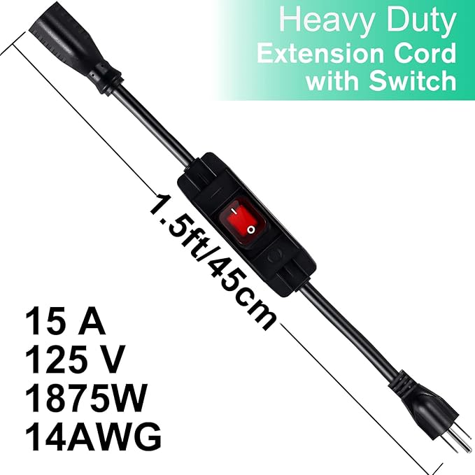 Outdoor Extension Cords with Switch Waterproof Switch 3 Prong Extension Cord with Inline Cord Switch, Heavy Duty Extension Cord 125v/250v Black Sjtw Extension Cord(1.5 Ft)
