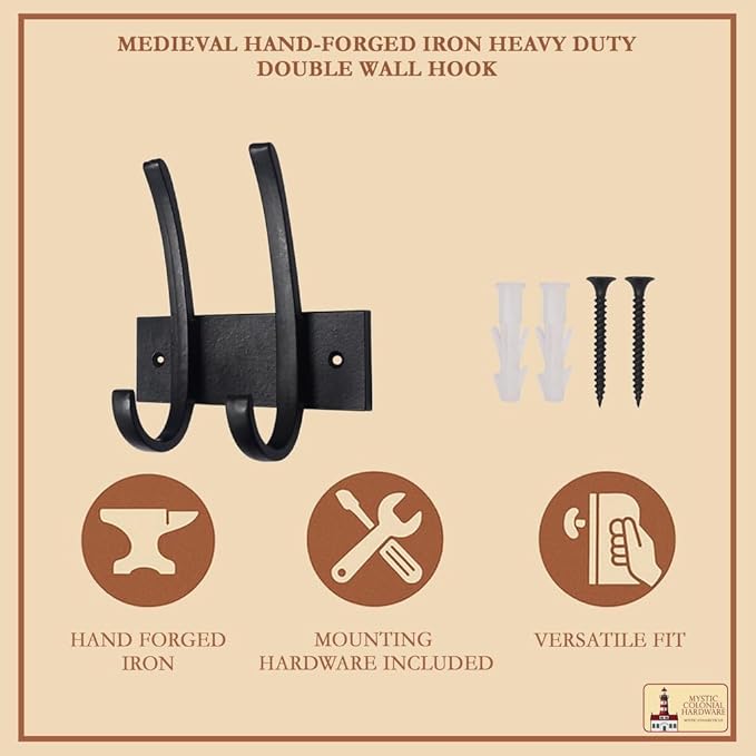 Mystic Colonial Medieval Hand-Forged Iron Double Wall Hook � 1 Pc | (5 in) Heavy Duty Rustic Black Coat & Hat Hanger | Vintage Decorative Hook for Coats, Towels, Bags, Keys & Home D�cor