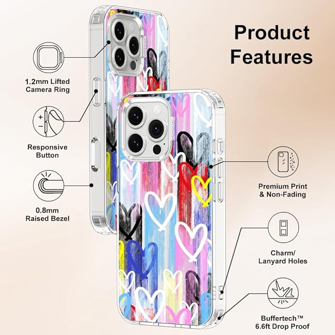 MOSNOVO for iPhone 16 Pro Max Case, Shockproof Military-Grade Protection 6.6ft Drop Tested, Clear Phone Case for iPhone 16 Pro Max, Graffiti Hearts Design