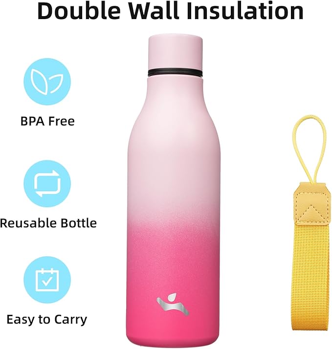 Konokyo Insulated Water Bottle with Strap,18 oz Double Wall Stainless Steel Vacuum Bottles Metal Water Flask,Cherry