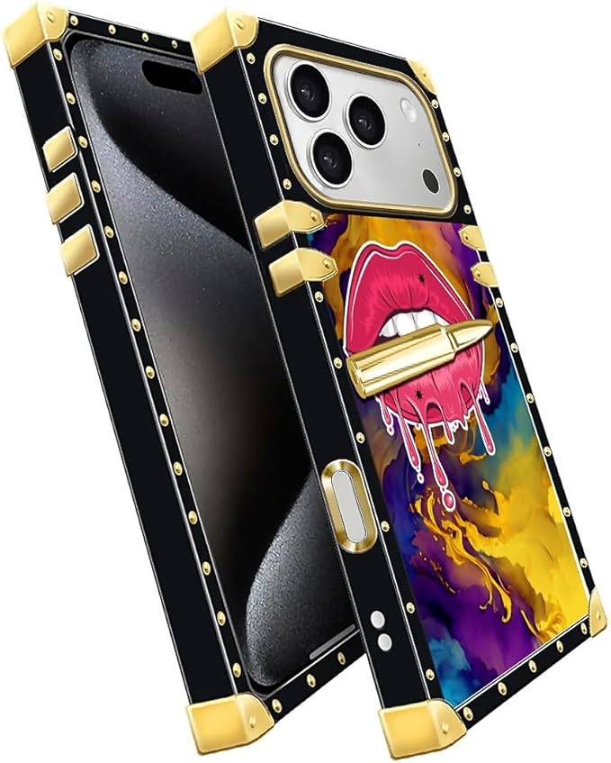 for iPhone 17 Pro Case Luxury Golden Decoration for Girl Women Soft TPU Shockproof Protective Hard PC Back for iPhone 17 Pro Crazy Pattern Cool Corlorful Lip Marble
