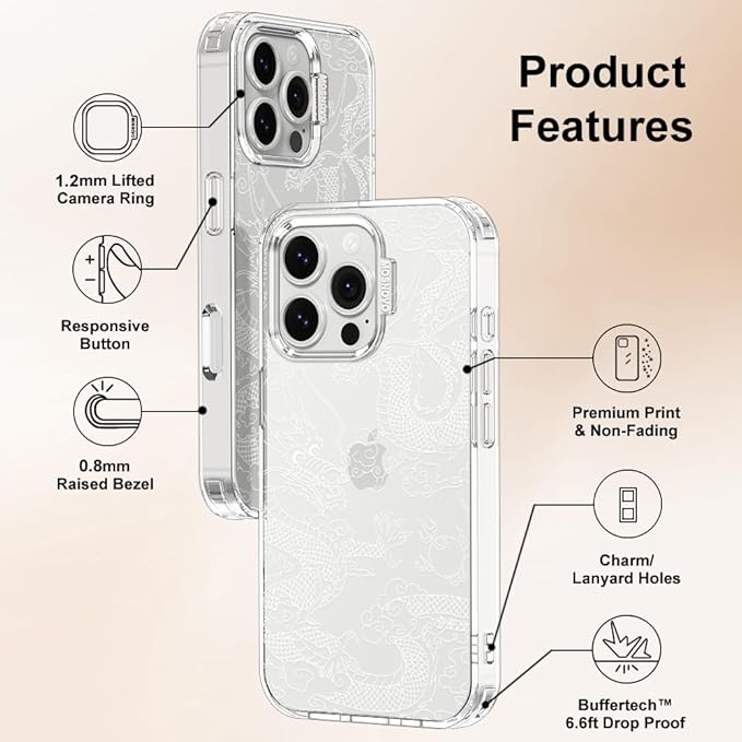 MOSNOVO Case for iPhone 16 Pro, [Buffertech 6.6ft Military-Grade Drop Protection] [Anti Peel Off Tech] Clear TPU Bumper Phone Case Cover Design - White Dragon