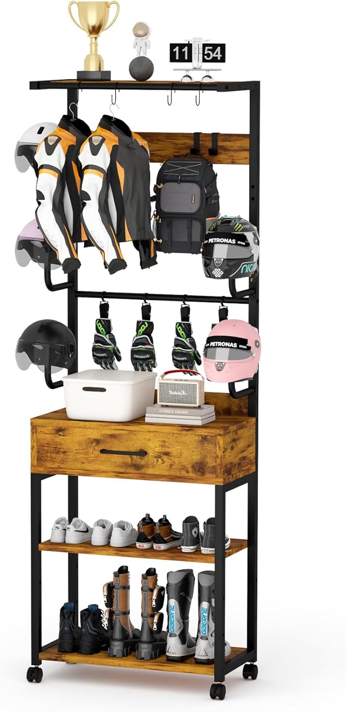 Kikihouse Freestanding Floor Mounted Helmet & Gear Storage Rack, Adjustable Organizer with Glove Clips, Hooks, Drawer & Shoe Shelf for Motorcycle, Cycling, Skiing Equipment