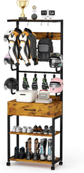 Kikihouse Freestanding Floor Mounted Helmet & Gear Storage Rack, Adjustable Organizer with Glove Clips, Hooks, Drawer & Shoe Shelf for Motorcycle, Cycling, Skiing Equipment