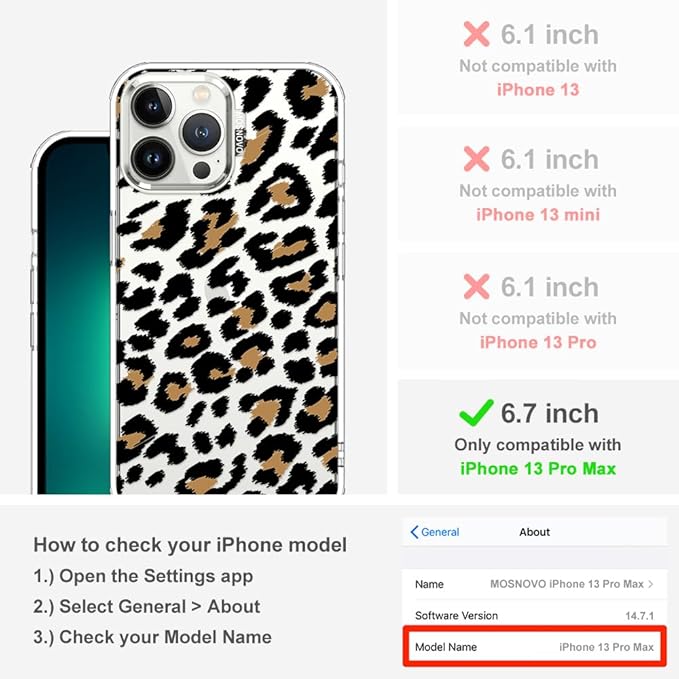 MOSNOVO Case for iPhone 13 Pro Max, [Buffertech 6.6ft Military-Grade Drop Protection] [Anti Peel Off Tech] Clear TPU Bumper Phone Case Cover Design - Leopard Print