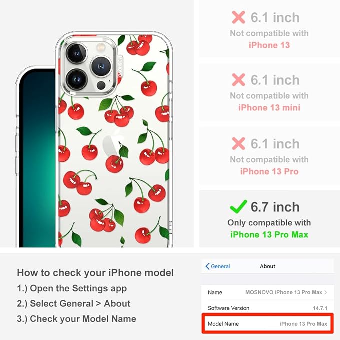 MOSNOVO Case for iPhone 13 Pro Max, [Buffertech 6.6ft Military-Grade Drop Protection] [Anti Peel Off Tech] Clear TPU Bumper Phone Case Cover Design - Cute Cherry