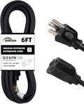 Indoor Outdoor Extension Cord Weatherproof, UL Certified, 12 Gauge 6FT Black 3 Prong Heavy Duty, 12/3 SJTW 15A Power Cord for Outdoor Lights, Appliances, Lawn