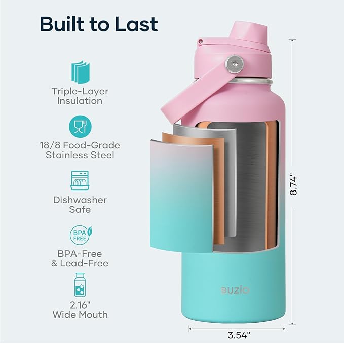 BUZIO 32 oz Water Bottle Insulated, Leakproof Stainless Steel Flask (Cold for 48 Hrs), Wide Mouth BPA-Free Metal Thermo Hydro Canteen with 2 Lids, Bubble Gum