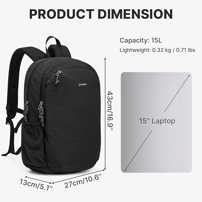 G4Free 15L Hiking Backpack Lightweight Small Travel Backpack Casual Daypack for Women Men Outdoor Campus, Black
