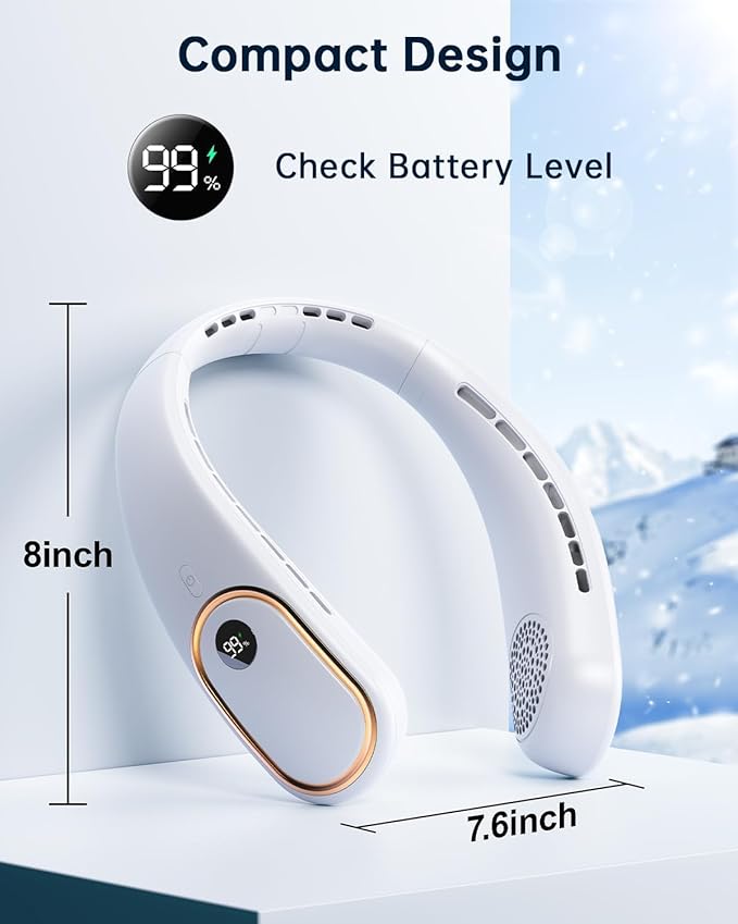 SHEWIND Portable Neck Fan - 5000mAh Rechargeable Hands-Free Wearable Fan | 4 Speeds, Bladeless & LED Display | Personal Cooling Fan for Travel, Outdoors, Camping - White