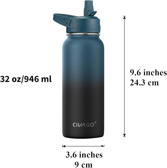 CIVAGO 32 oz Insulated Water Bottle With Straw, Stainless Steel Sports Water Cup Flask with 3 Lids (Straw, Spout and Handle Lid), Wide Mouth Travel Thermal Mug, Light Blue