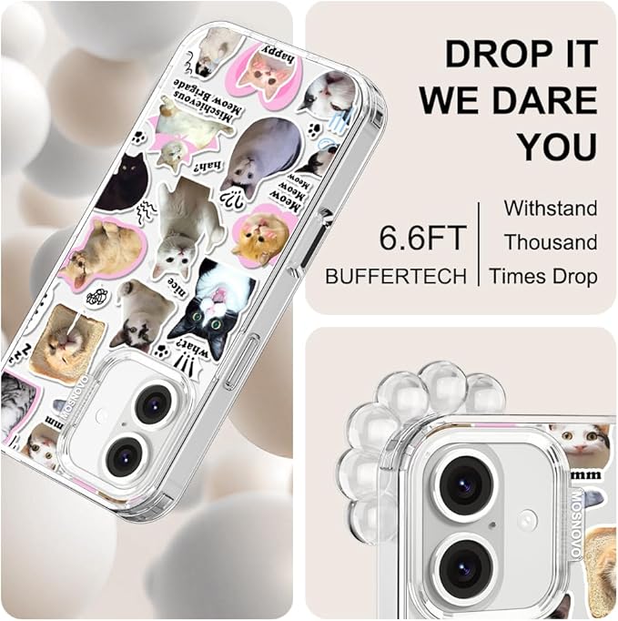 MOSNOVO Case for iPhone 16, [Buffertech 6.6ft Military-Grade Drop Protection] [Anti Peel Off Tech] Clear TPU Bumper Phone Case Cover Design - The Cat Brigade