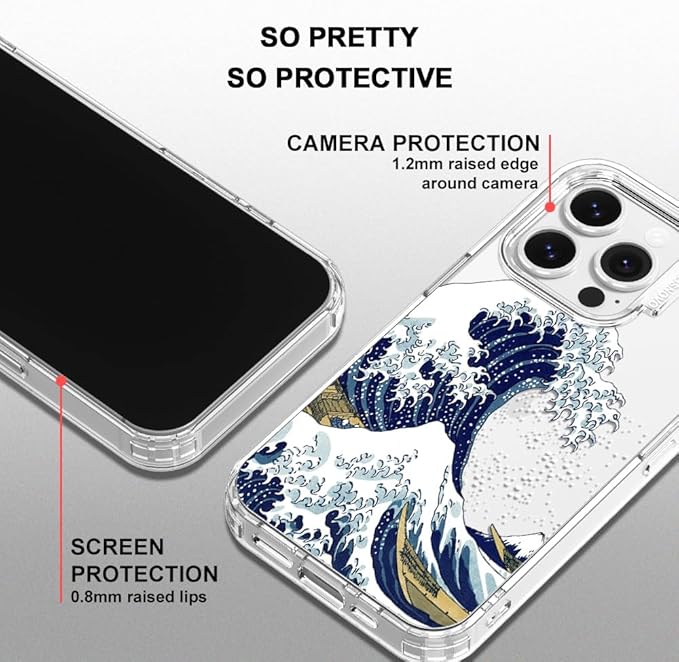 MOSNOVO Case for iPhone 14 Pro, [Buffertech 6.6ft Military-Grade Drop Protection] [Anti Peel Off Tech] Clear TPU Bumper Phone Case Cover Design - Great Wave