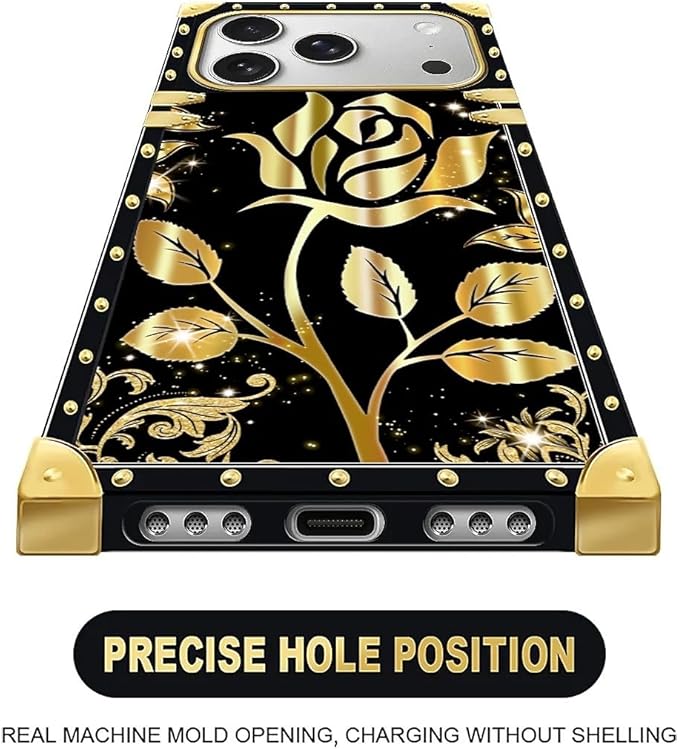 for iPhone 17 Pro Case Luxury Golden Decoration for Girl Women Soft TPU Shockproof Protective Hard PC Back for iPhone 17 Pro Crazy Pattern Shine Gold Rose