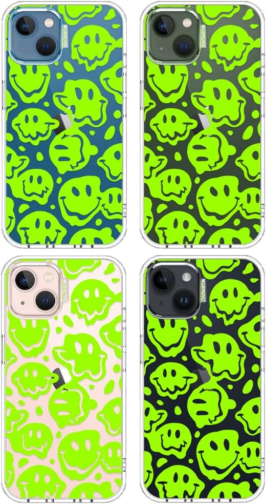 MOSNOVO for iPhone 13/14 Case | Military Grade 6.6ft Drop Tested | Clear with Distorted Green Smiles Face Design