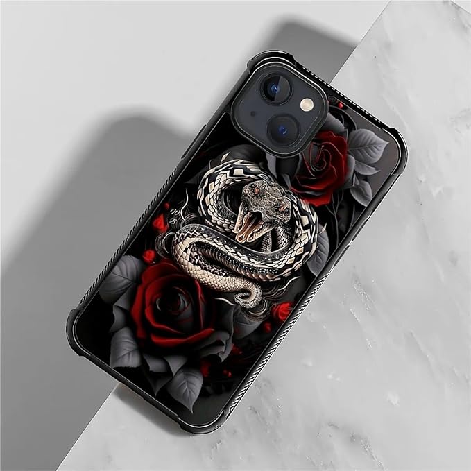 for iPhone 15 Case, Entwined Rose Snake Pattern Graphic Design Girl Boy Soft Silicone Hard Acrylic Shock Protection for iPhone 15