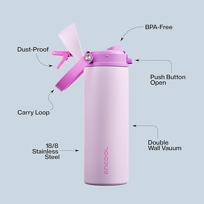 Insulated Water Bottle with Straw - Encool Stainless Steel Water Bottle with Push Button Lid, Leak-Proof & BPA-Free, Keeps Cold for 24 Hours for Sports, Travel, Gym (24 oz, Thistle-Fuchsia)