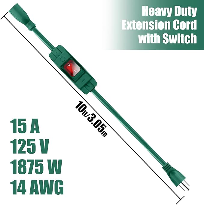 Extension Cord with Switch On/Off Waterproof Switch 10Ft No Plugging and Unplugging Invintage Stereo Devices Without Built-in Power Switch(10 FT, Green)