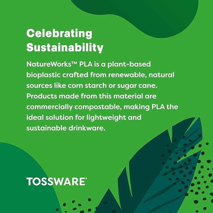 TOSSWARE NATURAL 16oz Arc - Plant Based 98mm Clear Cold Cups - Plastic Alternative for Parties, Bachelorettes, Weddings - Recyclable - Set of 500
