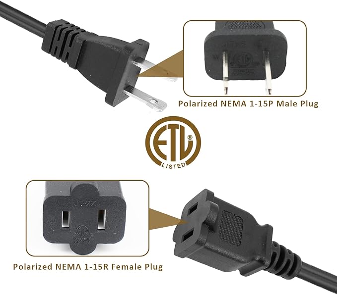25 FT 2 Prong Extension Cord, 18AWG SPT-2 Indoor Male to Female Power Cord ETL Listed Extra Long Extension Cords, Flexible & Thin Design for Home Office Use, 10A 1250W, Polarized Plug, Black