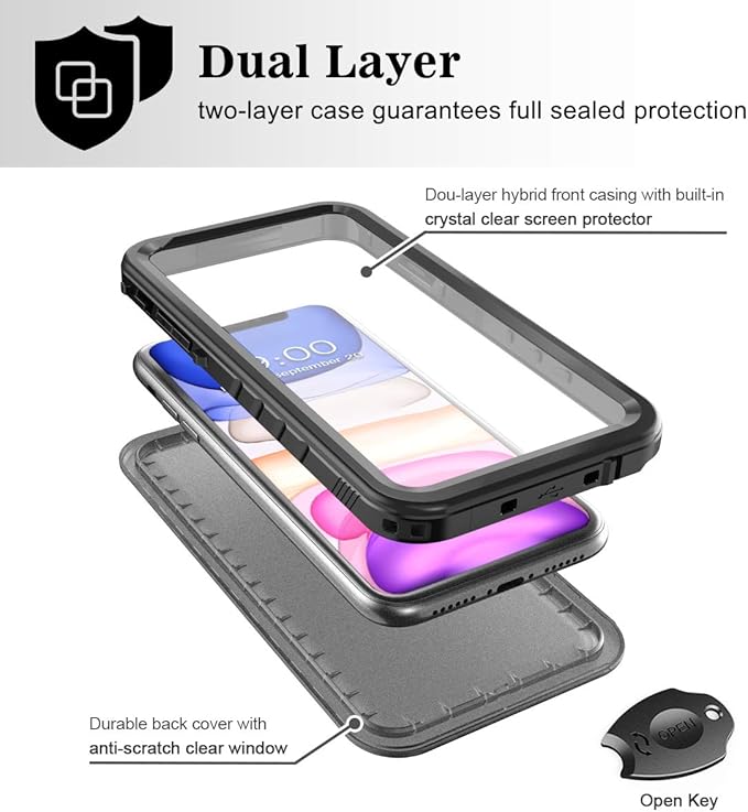 SPORTLINK Waterproof Case for iPhone 11, Full Body Heavy Duty Protection Full Sealed Cover Shockproof Dustproof Built-in Clear Screen Protector Rugged Case for iPhone 11 6.1 Inch Black