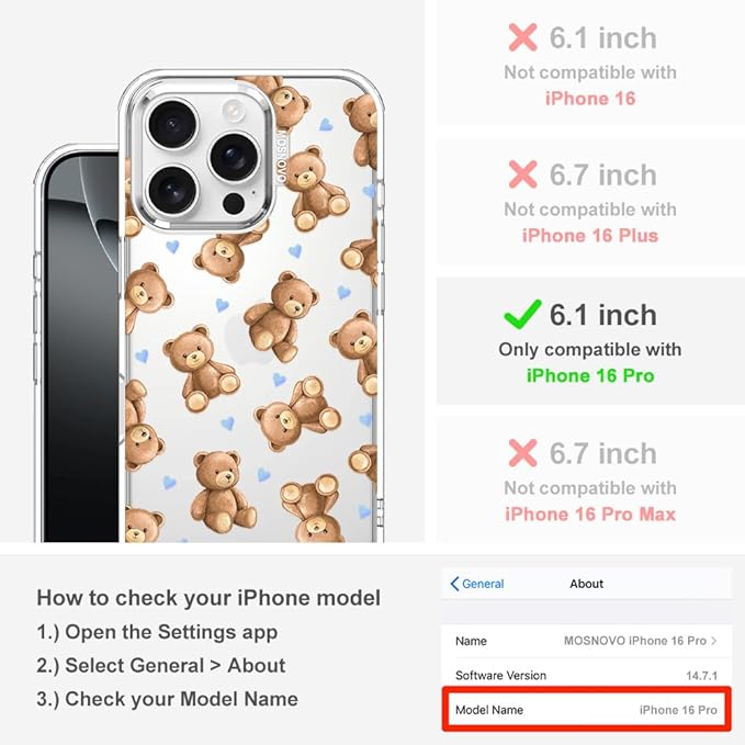 MOSNOVO for iPhone 16 Pro Case, Shockproof Military-Grade Protection 6.6ft Drop Tested, Clear Phone Case for iPhone 16 Pro, Teddy Mood Design