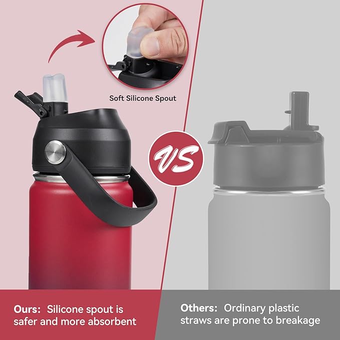 Fijinhom 24oz Insulated Stainless Steel Water Bottle, Wide Mouth Double Wall Vacuum, Silicone Straw, Sweat & Leak Proof, BPA Free Insulated Water Flask for Travel, Keep Cold 24h Hot 12h, Red