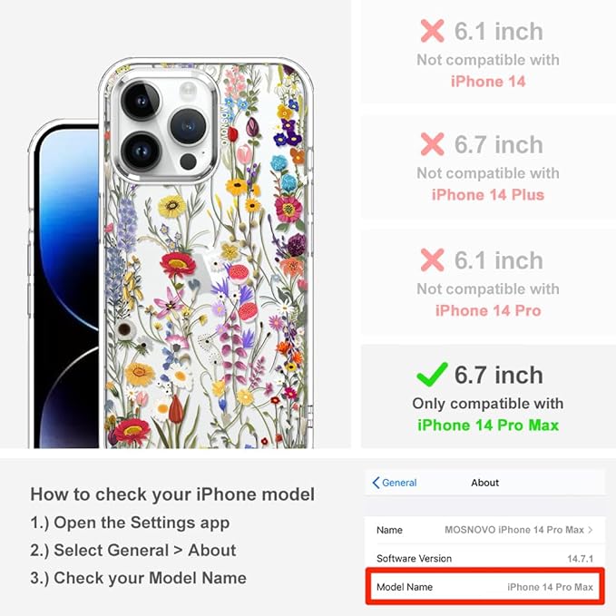 MOSNOVO Case for iPhone 14 Pro Max, [Buffertech 6.6ft Military-Grade Drop Protection] [Anti Peel Off Tech] Clear TPU Bumper Phone Case Cover Design - Wildflower Meadow