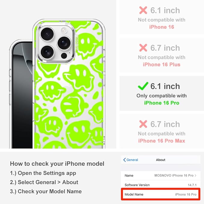 MOSNOVO Case for iPhone 16 Pro, [Buffertech 6.6ft Military-Grade Drop Protection] [Anti Peel Off Tech] Clear TPU Bumper Phone Case Cover Design - Distorted Green Smiles Face