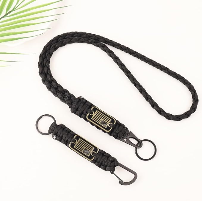 2pcs Heavy Duty Braided Paracord Lanyard Keychains with USA Flag, Parachute Rope Necklace for Outdoor Activities