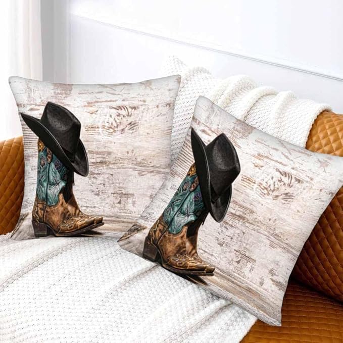 Western Cowboy Embroidered Boots Hat 18x18 Throw Pillow Covers Set of 2 American West Rodeo ATOP Fashion Leather Cushion Pillow Cases Square Outdoor Decorative Home Bed Sofa Couch Office