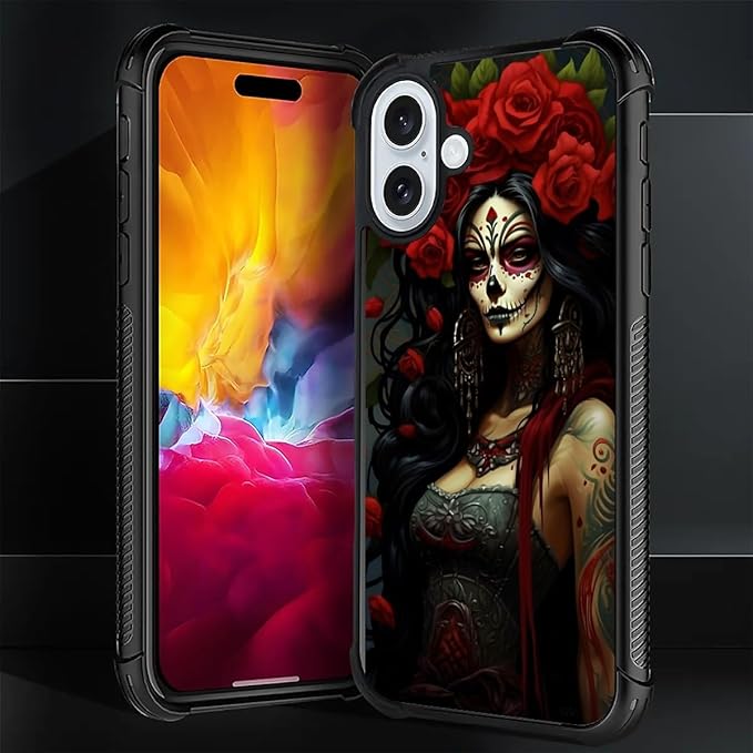 for iPhone 16 Case, Day of The Dead Halloween Woman Pattern Graphic Design Girl Boy Soft Silicone Hard Acrylic Shock Protection for iPhone 16