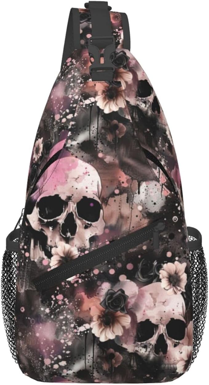 Flowers And Skulls Sling Bag For Women Men Halloween Backpack Crossbody Skull Shoulder Bag Sling Backpack Chest Bag Travel Hiking Casual Sport Daypack