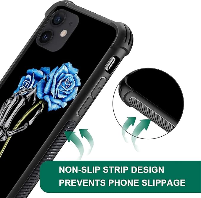 for iPhone 11 Case, Skeleton Holding Blue Rose Pattern Graphic Design Girl Boy Soft Silicone Hard Acrylic Shock Protection for iPhone 11