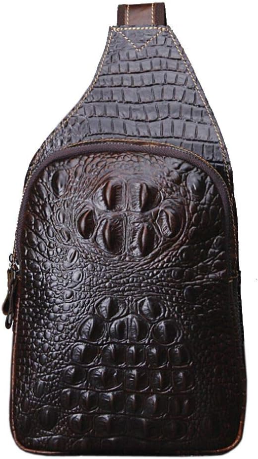 Hebetag Crocodile Genuine Leather Sling Bag Crossbody Backpack for Men Women Travel Outdoor Hiking Camping Shoulder Chest Pack Casual Pouch Daypack Coffee