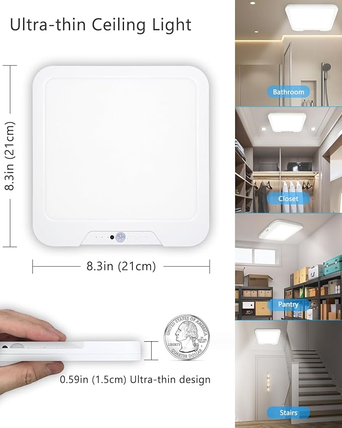 2 Pack Rechargeable Motion Sensor Ceiling Lights with Remote, Dimmable Magnetic Mount Closet Light, 7000mAh Battery Operated LED Shower Light, 3 Color Temperatures for Bathroom, Stairs, Hallway,Garage