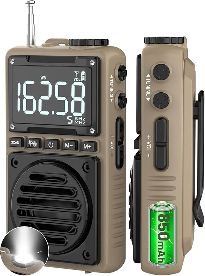 Digital AM FM Weather Band Radio 851mAh Rechargeable Portable Pocket Radio with Best Reception,Flashlight,LCD Screen, Back Clip,Stereo Earphone Jack, SOS Alarm,Sleep Timer for Jogging（Brown）