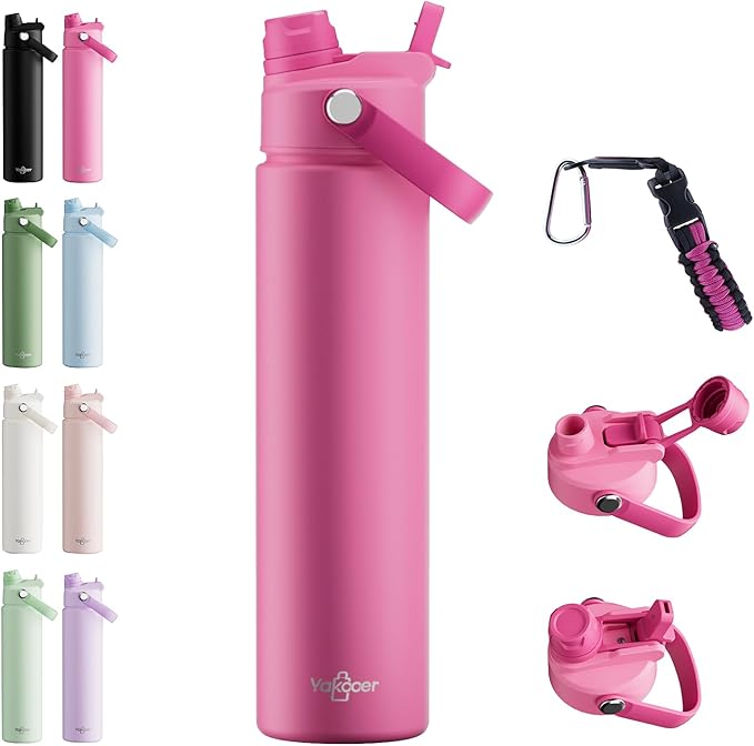 26oz Insulated Water Bottle with 2-in-1 Straw and Spout Lid, 304 Stainless Steel Water Bottle Keep Cold for 24H,Leak-Proof,Sports Water Bottle with Braided Carry Strap for Travel,Outdoors,Rose Red