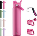26oz Insulated Water Bottle with 2-in-1 Straw and Spout Lid, 304 Stainless Steel Water Bottle Keep Cold for 24H,Leak-Proof,Sports Water Bottle with Braided Carry Strap for Travel,Outdoors,Rose Red
