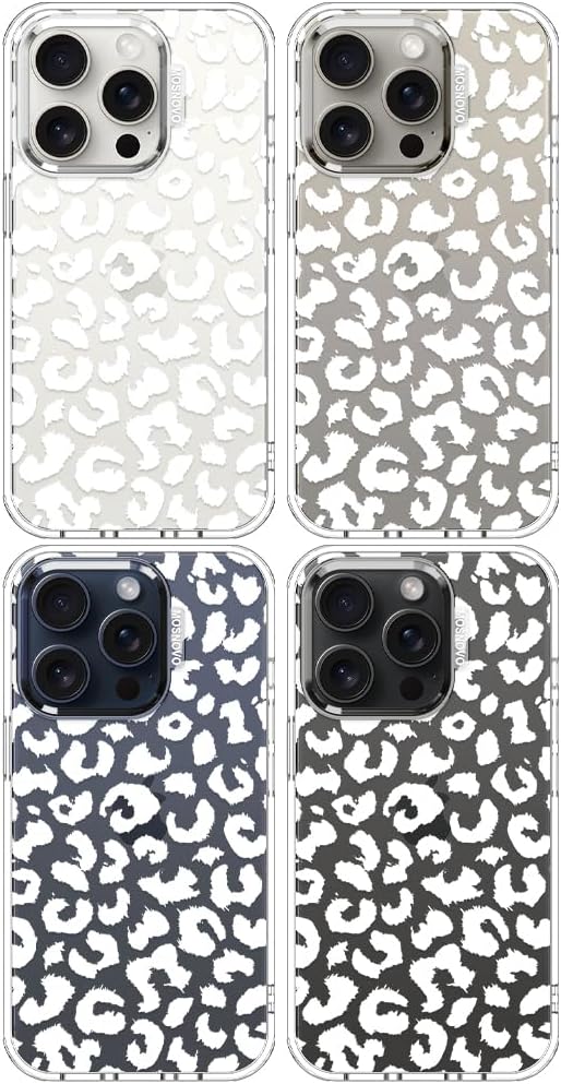 MOSNOVO Case for iPhone 15 Pro, [Buffertech 6.6ft Military-Grade Drop Protection] [Anti Peel Off Tech] Clear TPU Bumper Phone Case Cover Design - White Leopard Print