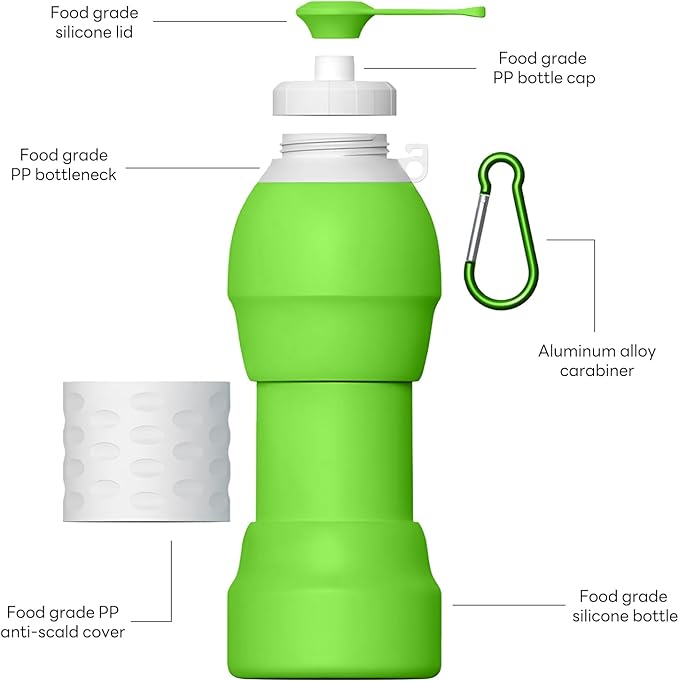 Collapsible Lightweight 20oz Water Bottle, Food-Grade Silicone BPA Free, Foldable Portable Leak Proof Office Travel Cycling Sports Outdoor Water Bottle with Vertical Hook (green, Short nozzle)
