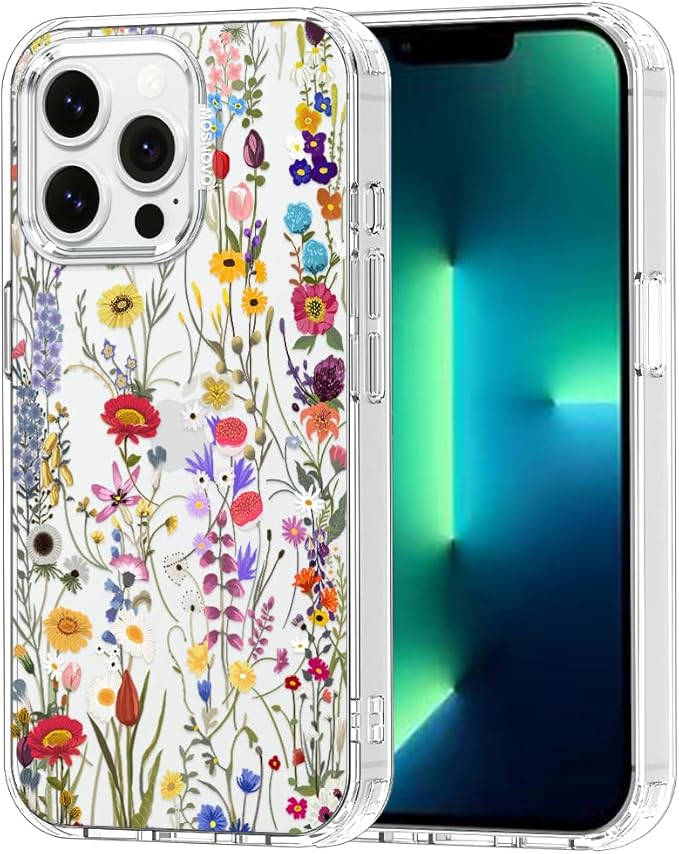 MOSNOVO Case for iPhone 13 Pro, [Buffertech 6.6ft Military-Grade Drop Protection] [Anti Peel Off Tech] Clear TPU Bumper Phone Case Cover Design - Wildflower Meadow
