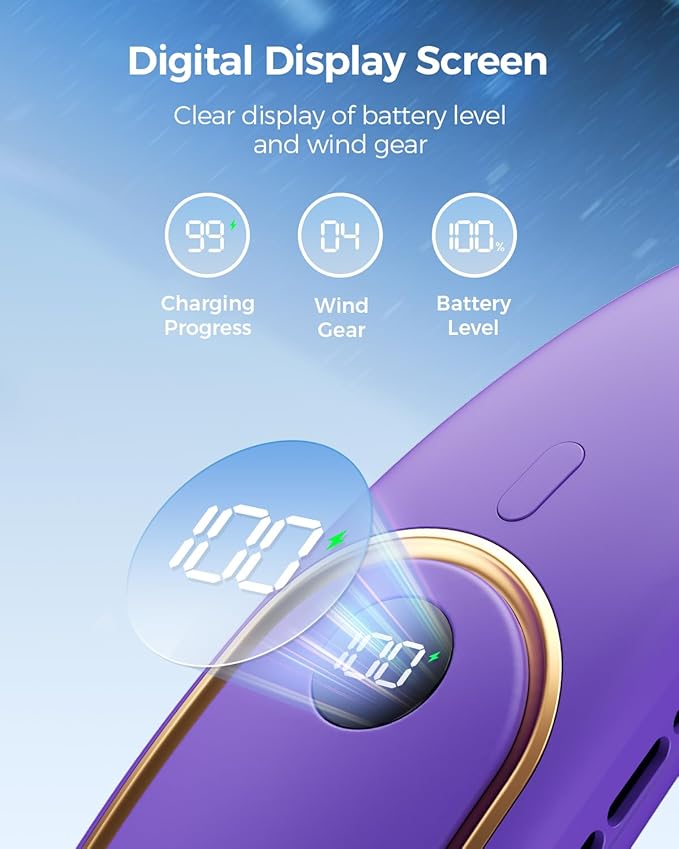 SHEWIND Portable Neck Fan - 5000mAh Rechargeable Hands-Free Wearable Fan | 4 Speeds, Bladeless & LED Display | Personal Cooling Fan for Travel, Outdoors, Camping - Purple