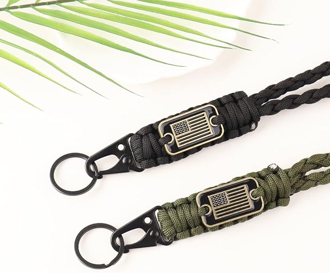 2pcs Heavy Duty Braided Paracord Lanyard Keychains with USA Flag, Parachute Rope Necklace for Outdoor Activities