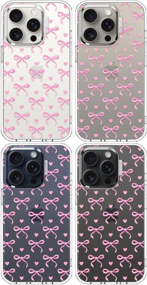 MOSNOVO Case for iPhone 15 Pro, [Buffertech 6.6ft Military-Grade Drop Protection] [Anti Peel Off Tech] Clear TPU Bumper Phone Case Cover Design - Bowtiful Love