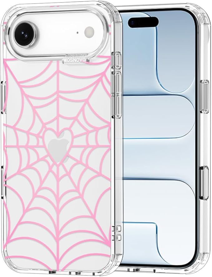 MOSNOVO for iPhone Air Case, Shockproof Military-Grade Protection 6.6ft Drop Tested, Camera Control, Clear Phone Case for iPhone 17 Air, Pink Spiderweb Design