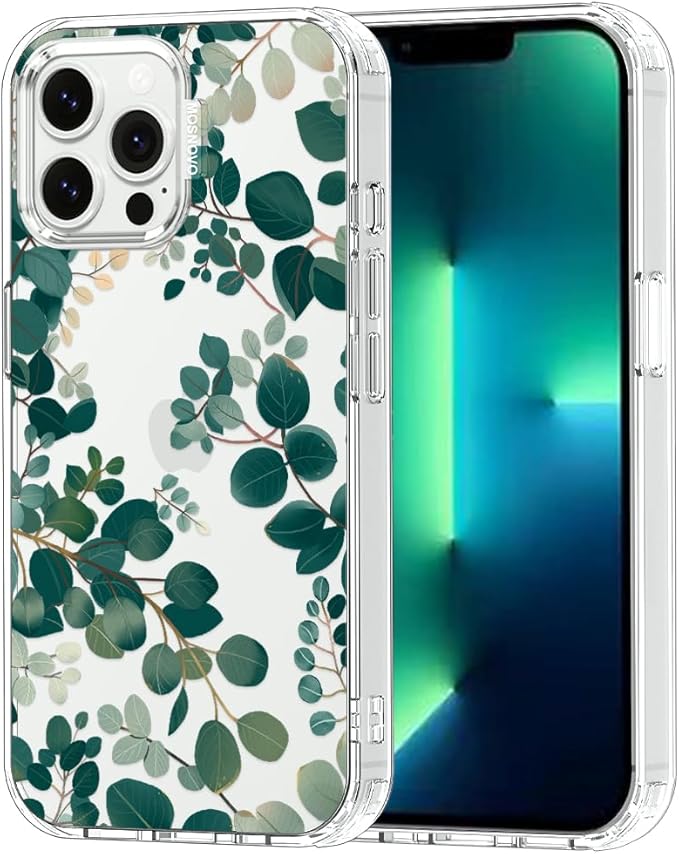 MOSNOVO Case for iPhone 13 Pro Max, [Buffertech 6.6ft Military-Grade Drop Protection] [Anti Peel Off Tech] Clear TPU Bumper Phone Case Cover Design - Eucalyptus