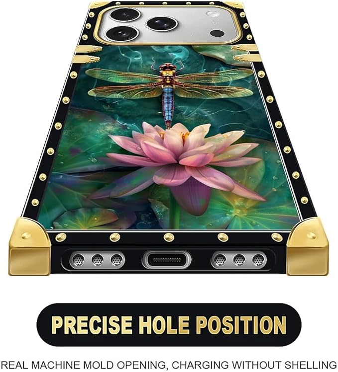 for iPhone 17 Pro Max Case Luxury Golden Decoration for Girl Women Soft TPU Shockproof Protective Hard PC Back for iPhone 17 Pro Max Crazy Pattern Colourful Dragonfly Pink Lily Pads