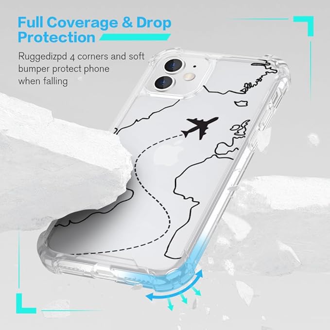 FANXI Minimalist Airplane Travel Map Phone Case Compatible with iPhone 11 (6.1 Inch) - Shockproof Clear Soft TPU Protective Cover with Airplane Design for Women Men and Girls