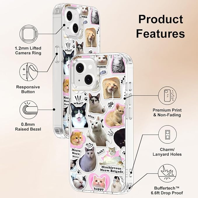 MOSNOVO for iPhone 13/14 Case | Military Grade 6.6ft Drop Tested | Clear with The Cat Brigade Design